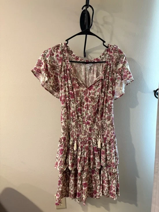 Patrons of Peace Pink and Cream Paisley Tiered Mini Dress - Picture 1 of 4